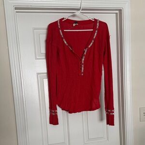 Free People Red Long Sleeve Blouse with Patterned Trim